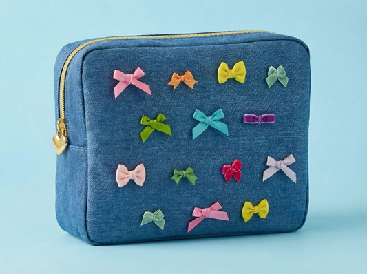 Bella Bows Denim Zipper Pouch