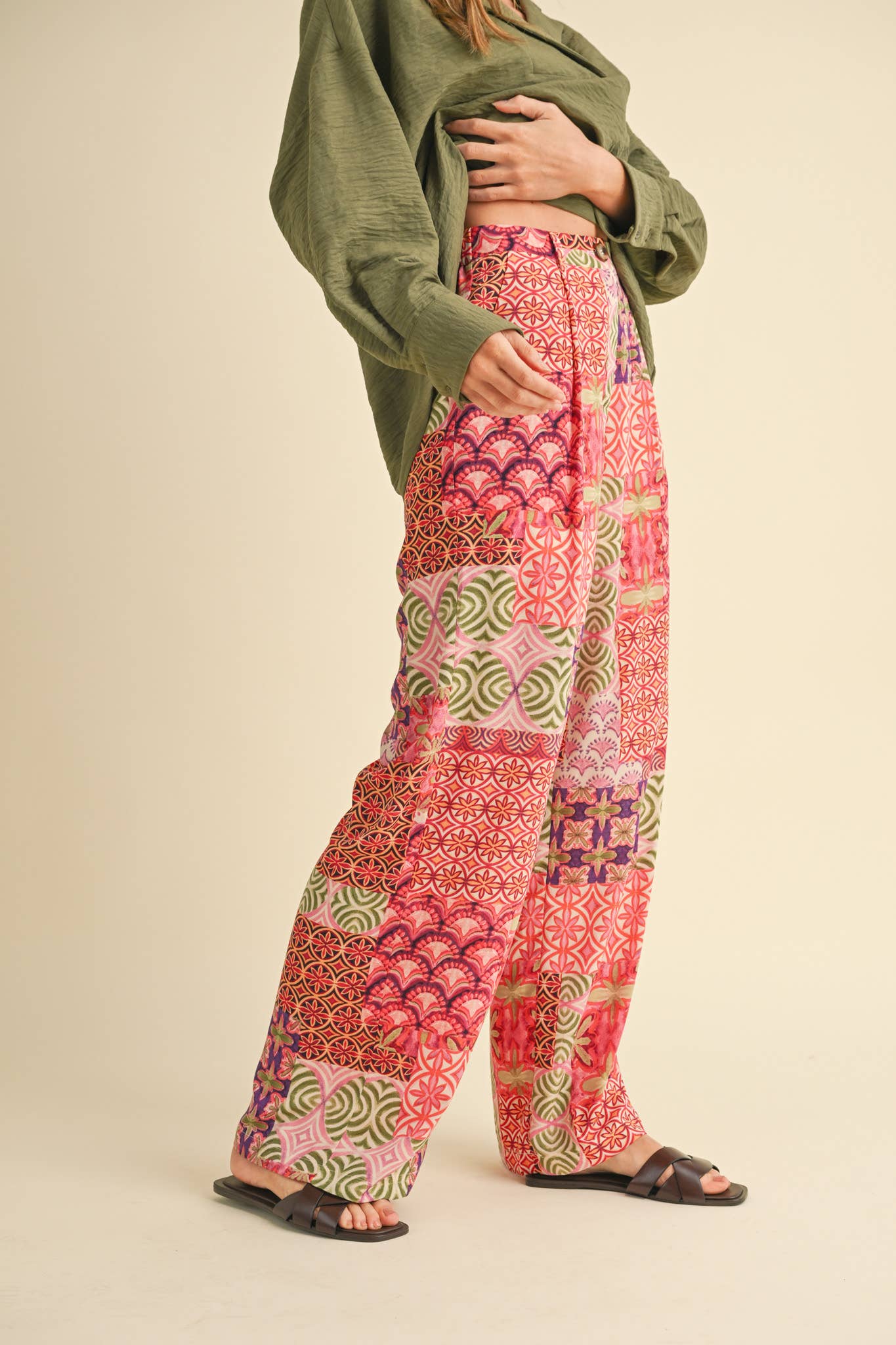 Patchwork Print Wide Leg Trousers