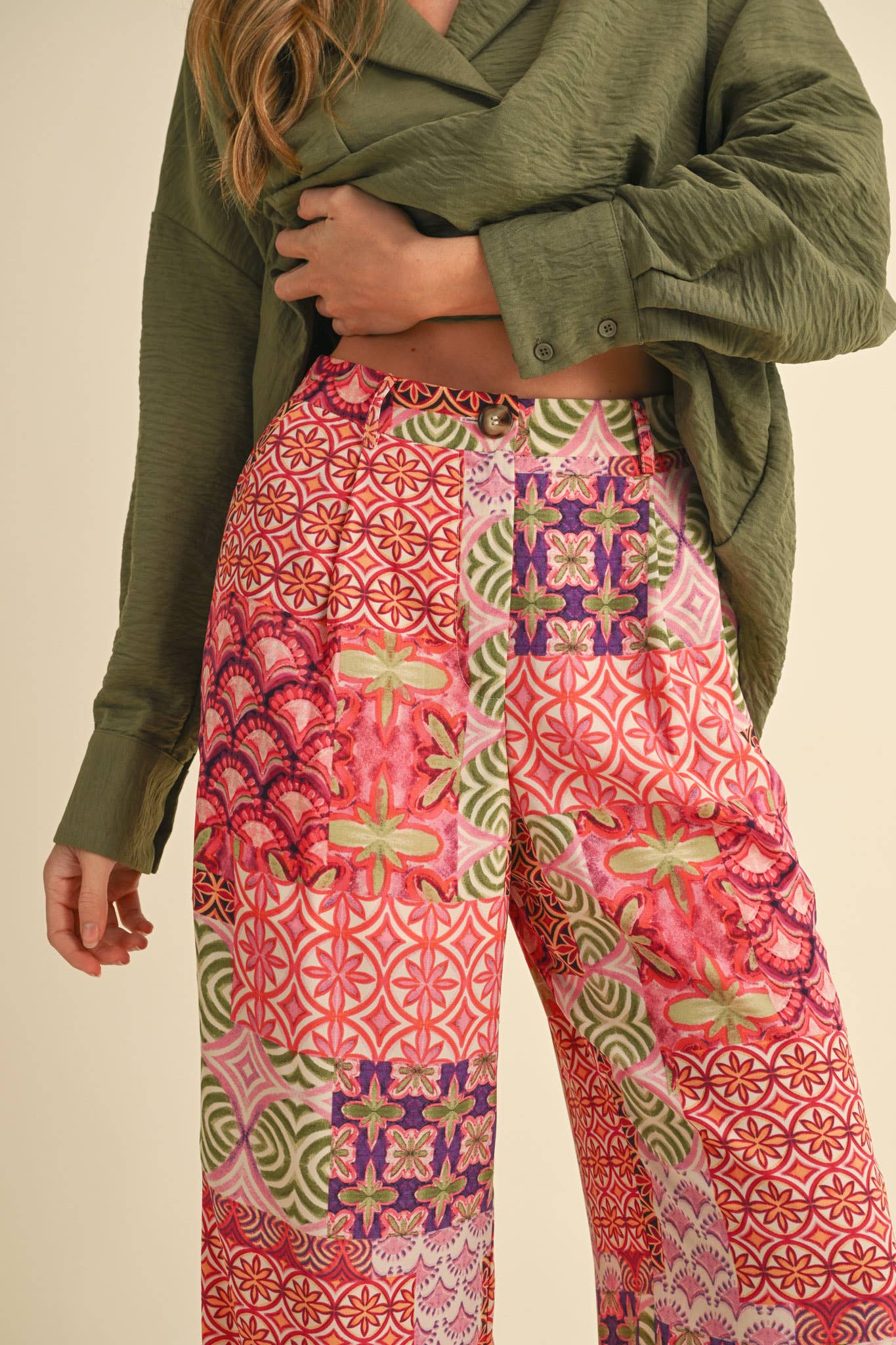 Patchwork Print Wide Leg Trousers