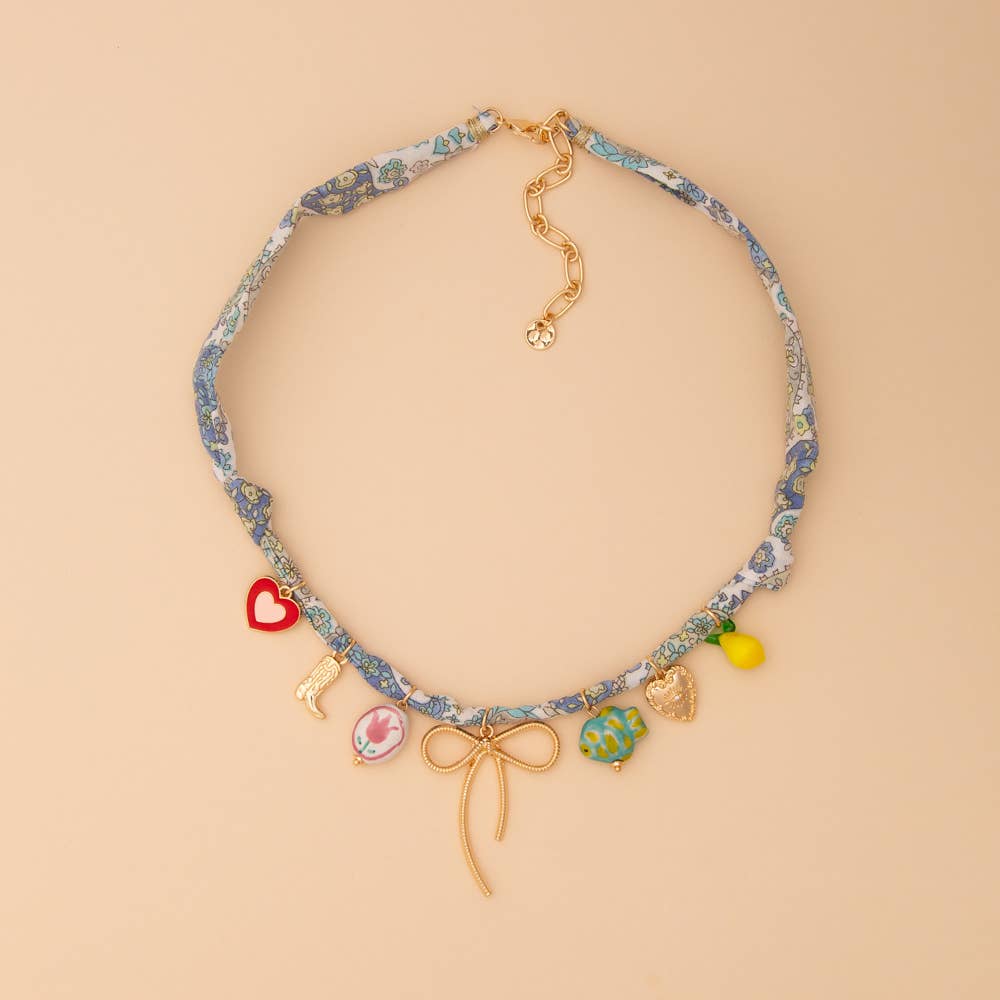 Scarf Necklace with Gold Bow and Trinkets
