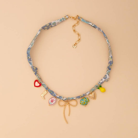 Scarf Necklace with Gold Bow and Trinkets