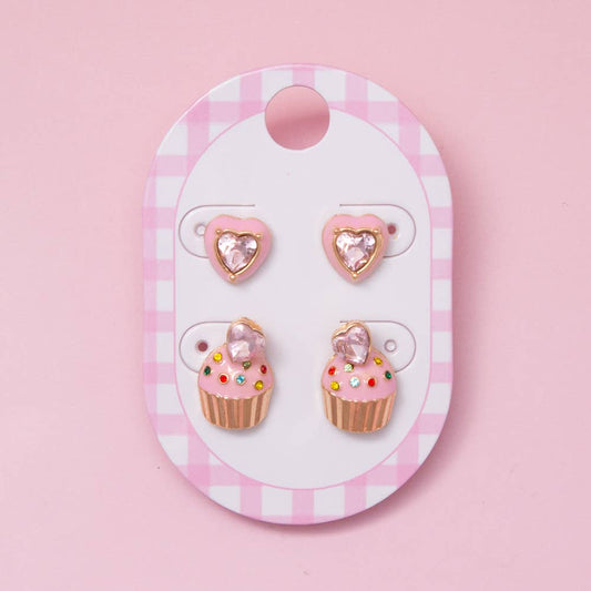 Pink Cupcake Studs and Heart Gem Stud Set