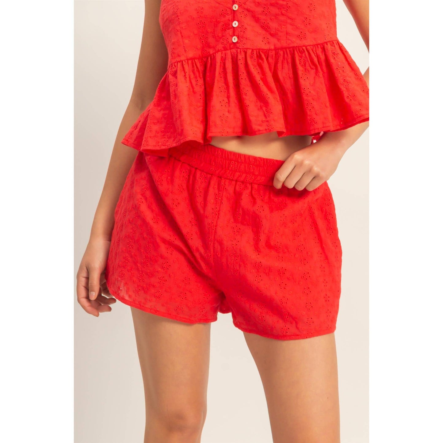 Red Eyelet Elastic Shorts With Pockets