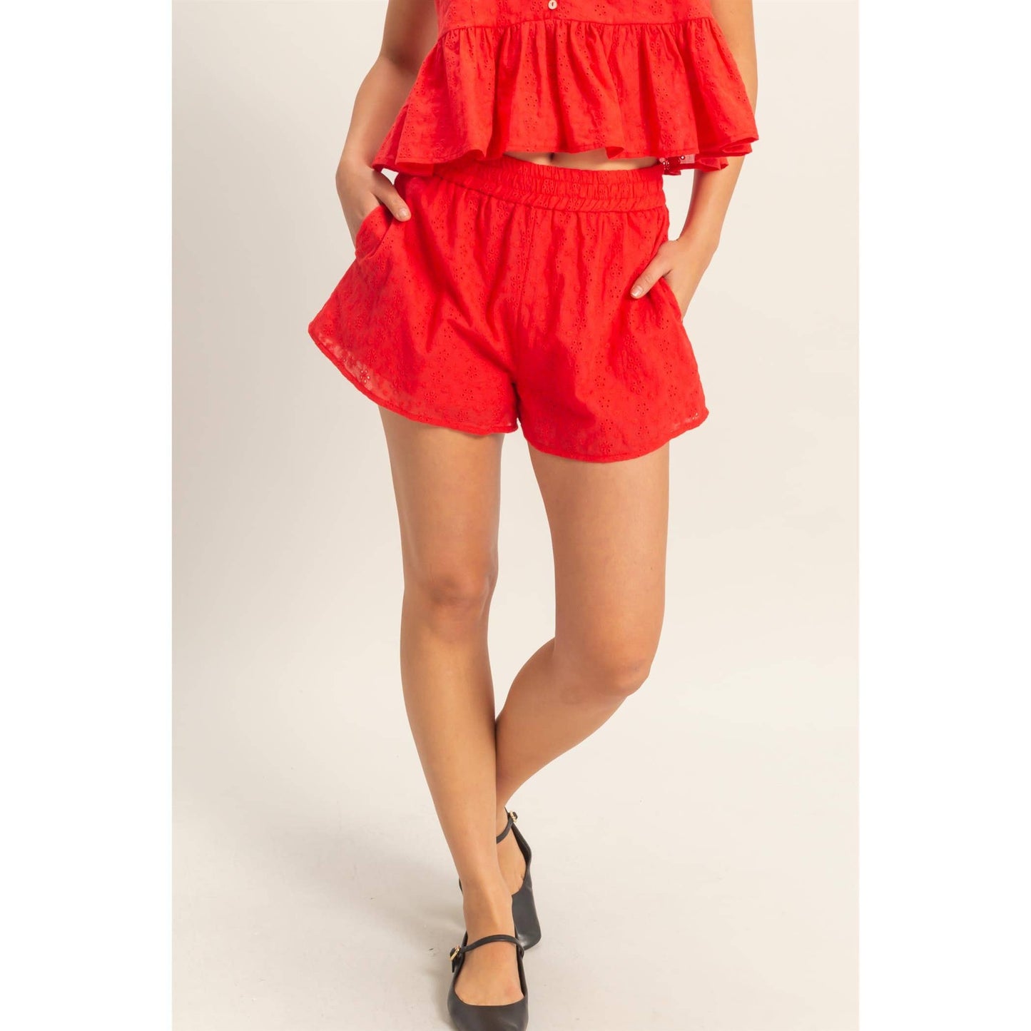 Red Eyelet Elastic Shorts With Pockets