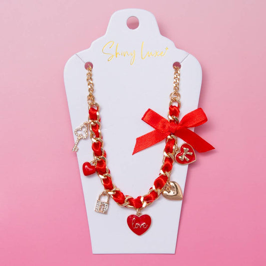 Lock and Key Heart Charm Satin Link Necklace