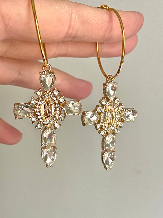 Gold Religious Cross Mary Hoop Earrings