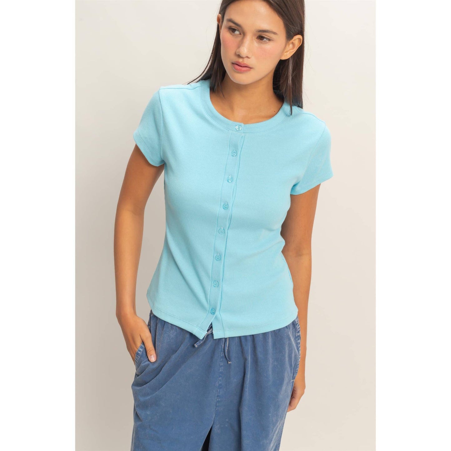Ribbed Button-Front Crew Neck Top