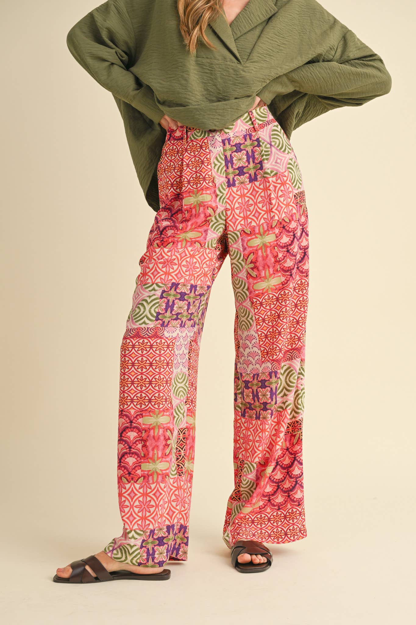 Patchwork Print Wide Leg Trousers