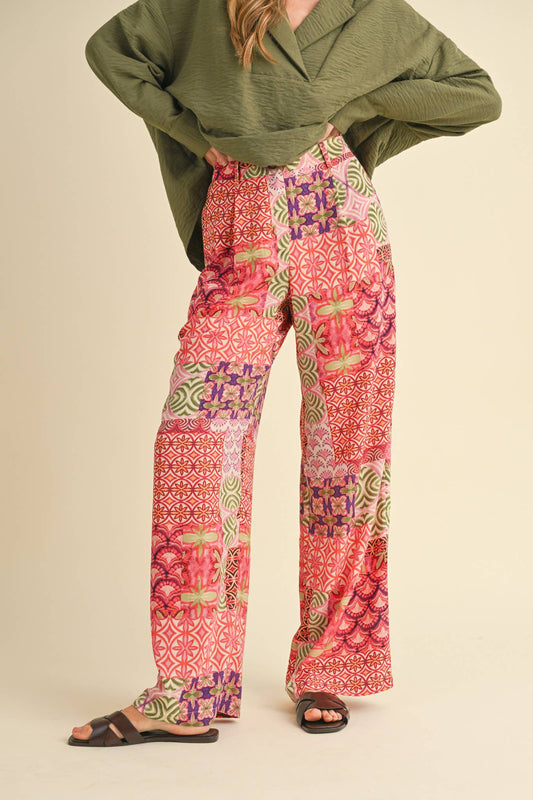 Patchwork Print Wide Leg Trousers
