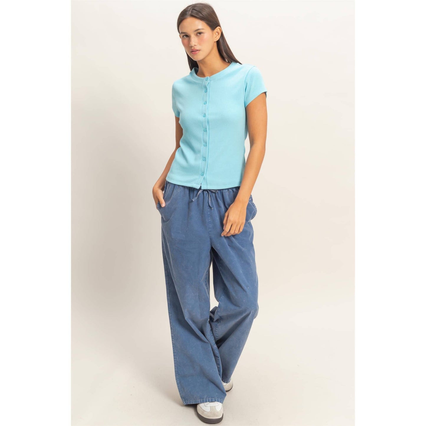 Ribbed Button-Front Crew Neck Top