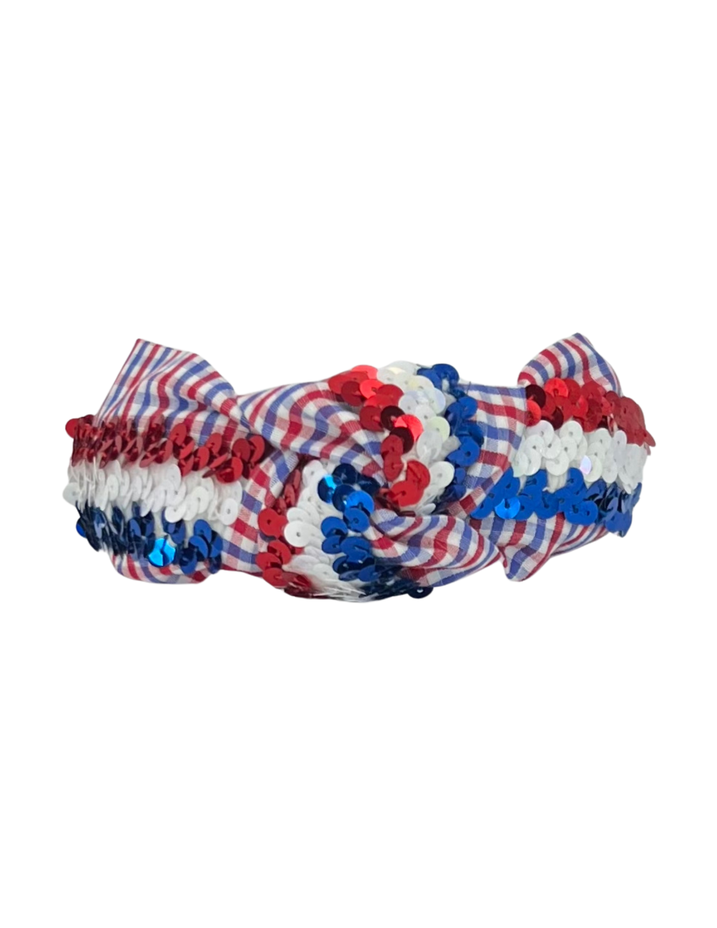 Red, White and Blue Sequins on Red and Blue Gingham Headband