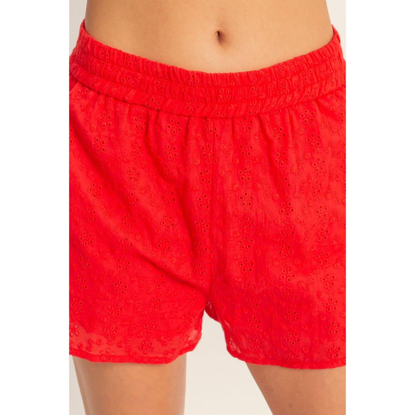 Red Eyelet Elastic Shorts With Pockets
