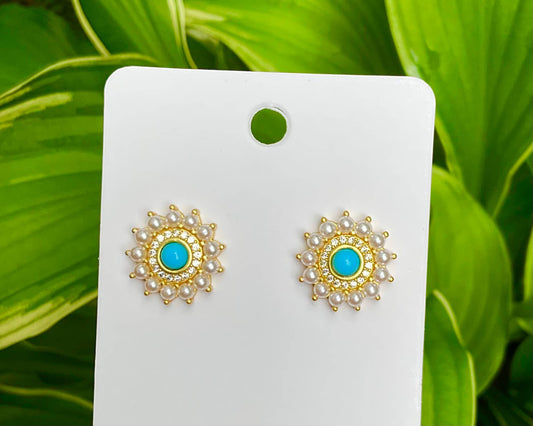 Turquoise gold pearl stud earrings