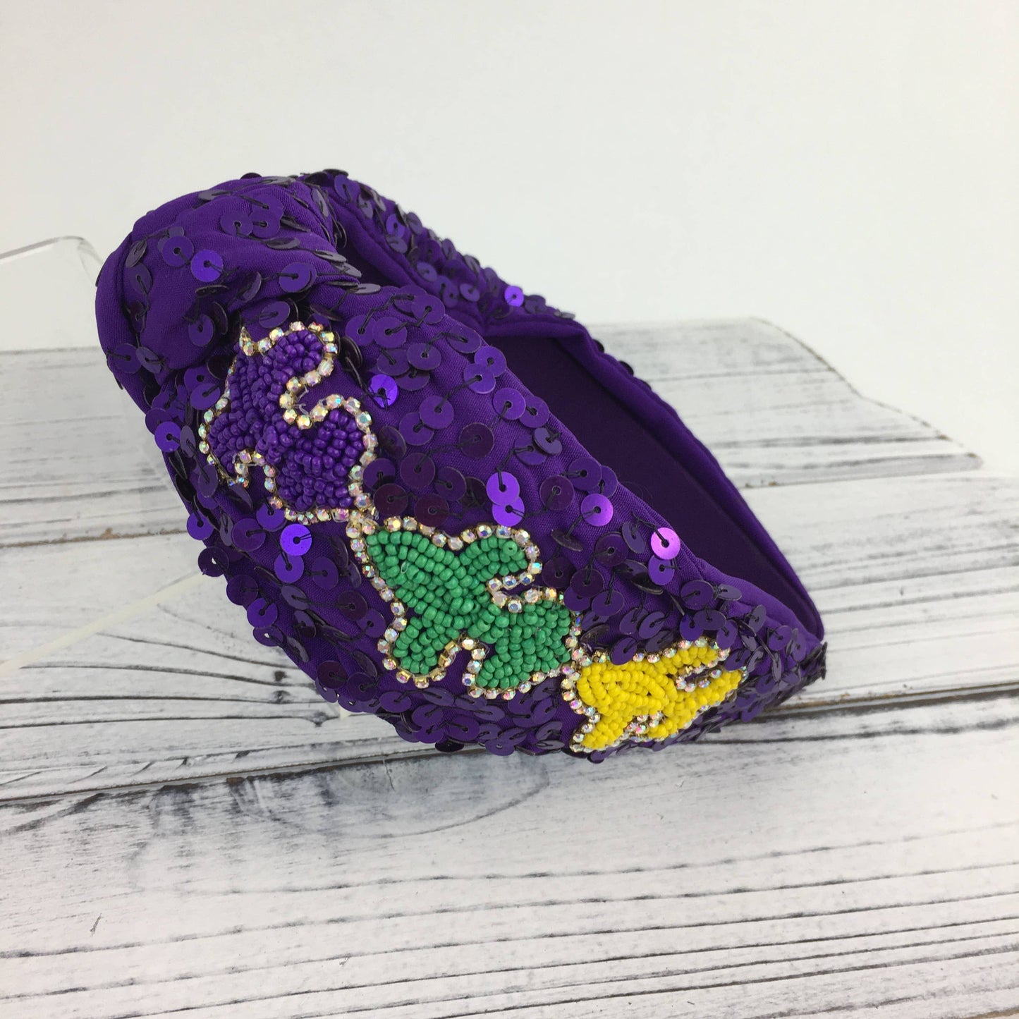 Mardi Gras sequin bead fleur de lis knot headband